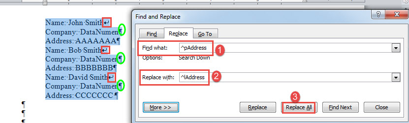 Enter "^pAddress" and "^lAddress" in 2 Text Boxes->Click "Replace All"